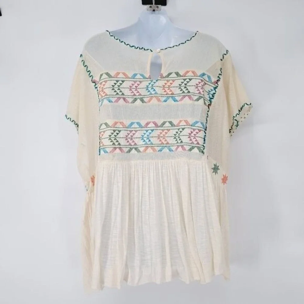 Free People Boho Aztec Embroidered Flowy‎ Gauze Top Oversized Size Small